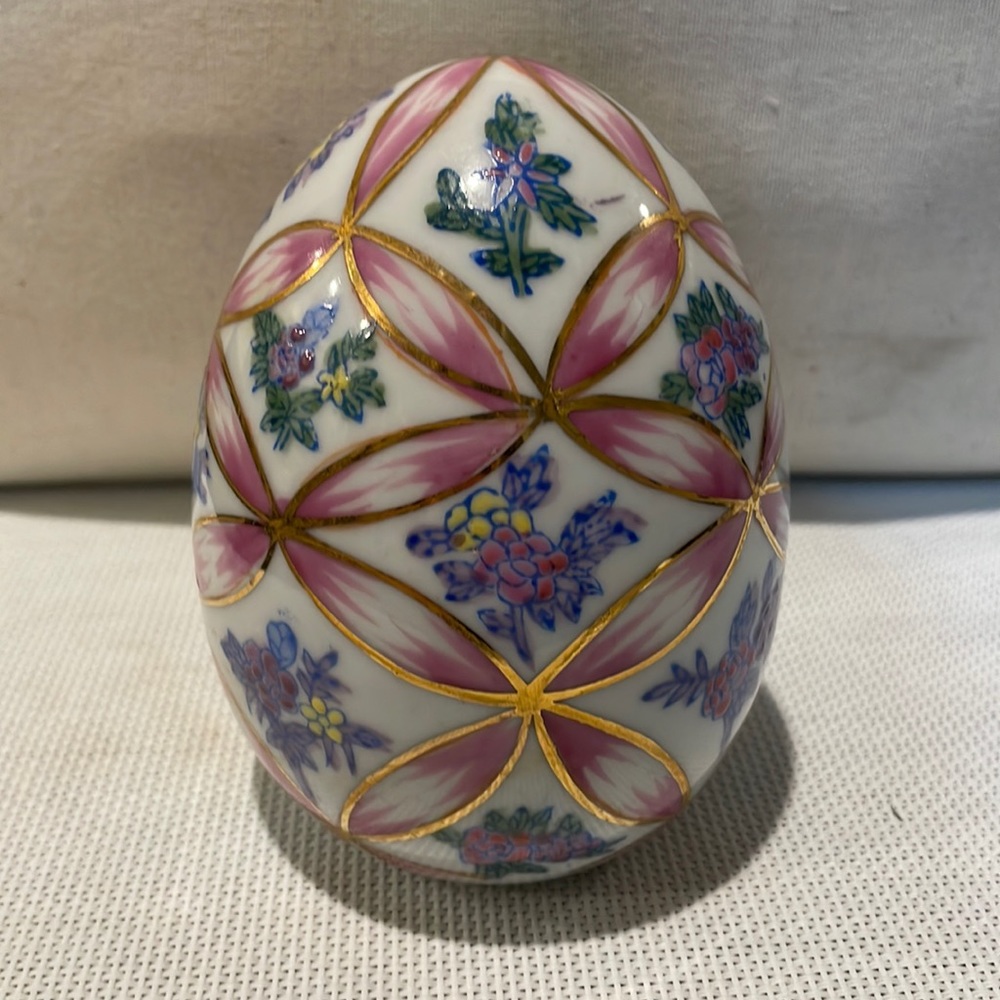 Hand Painted Glazed Ceramic Egg Floral Pink Ribbon